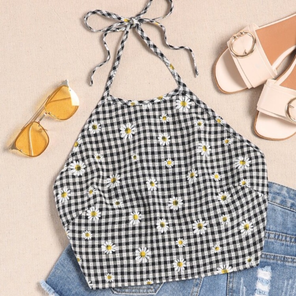 Daisy And Gingham Tie Back Halter Top